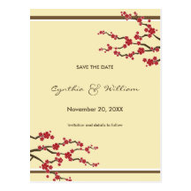 Red Sakura Cherry Blossoms Save The Date Postcard
