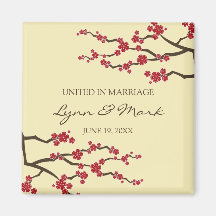 Red Sakura Cherry Blossoms Wedding Announcement Magnet