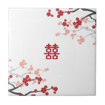 Red Sakuras Chinese Wedding Custom Gift Tile