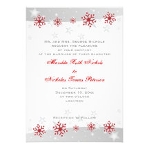 Red silver grey white snowflake wedding invitation