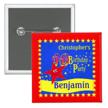 Red Smiley Star 10th Birthday Party Name Button