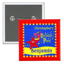 Red Smiley Star 1st Birthday Party Name Button