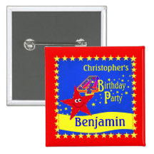 Red Smiley Star 4th Birthday Party Name Button