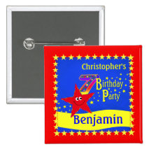 Red Smiley Star 7th Birthday Party Name Button