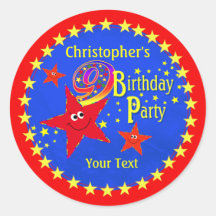 Red Smiley Star 9th Birthday Party Round Sticker