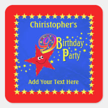 Red Smiley Star 9th Birthday Party Sticker