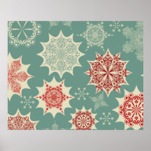 Red snowflakes on a green background posters