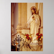 Red Statue of Christ with open palm showing stigma Poster