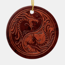 Red Stone Yin Yang Dragons Christmas Ornament