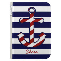 Red Striped Nautical Anchor Kindle Case