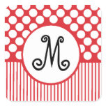 Red Stripes & White Dots Monogram Square Sticker