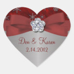 Red Velour & Silver Snowflakes Heart Stickers