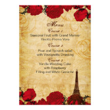 red vintage eiffel tower Paris wedding menu cards
