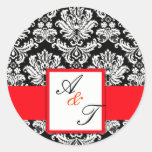 Red Wedding Monogram Damask Seal Round Sticker