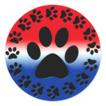 Red White and Blue Paw Prints Circle Round Sticker