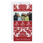 Red & White Damask Pine Holiday Family Pictures Photo Card