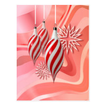 RED & WHITE ORNAMENTS & RIBBONS by SHARON SHARPE Postcard