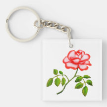 Red White Picotee Rose Customizable Keychain