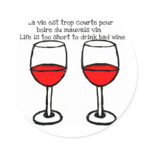 RED WINE GLASSES WITH FRENCH ENGLISH QUOTE ROUND STICKERS