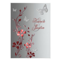 Red with Silver Butterflies on Linen Invitation