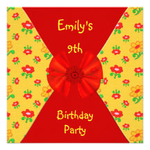 Red Yellow Floral Cute Bow 9th Birthday Party Custom Invitations