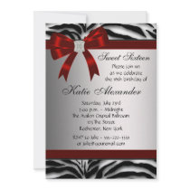 Red Zebra Bow Sweet Sixteen Birthday Party Personalized Announcement