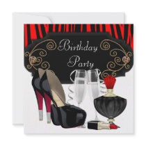 Red Zebra High Heel Shoes Birthday Party Announcement