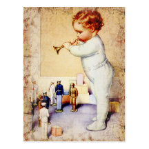 Redhead Baby Boy Blowing Horn to Soldiers Postcards