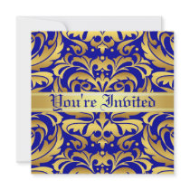 Regal Gold Metal Damask Blue Scroll Invitation