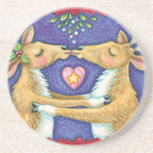 Reindeer Kissing Under the Mistletoe at Christmas Beverage Coaster