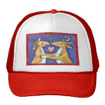 Reindeer Kissing Under the Mistletoe at Christmas Trucker Hats