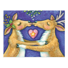 Reindeer Kissing Under the Mistletoe at Christmas Post Card