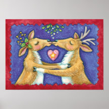 Reindeer Kissing Under the Mistletoe at Christmas Poster
