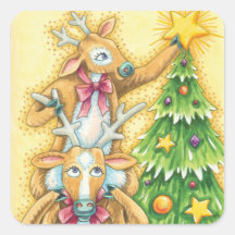 Reindeer Putting a Star on a Christmas Tree Stickers