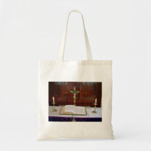 Religous Altar with Bible, Cross and Candles Tote Bag