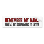 Remember My Name. You'll Be Screaming It Soon bumper stickers