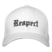 Respect hat in white with black letters. embroidered baseball cap
