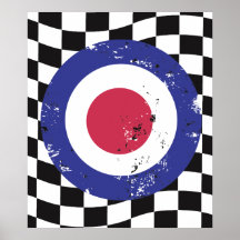 Retro aged mod target on check background posters