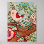 Retro bird, branch, and flowers print