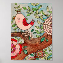 Retro bird, branch, and flowers print