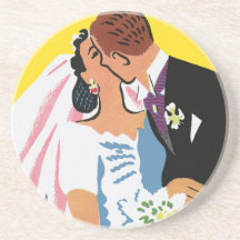 Retro Bride and Groom, You May Now Kiss the Bride Drink Coasters
