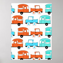 Retro Camping Trailer Turquoise Orange Vintage Car Posters