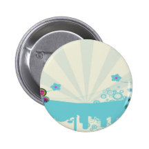 retro circles and flowers blue tans pinback button