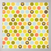 Retro Circles and Hearts Pattern Green Gold Blue Posters