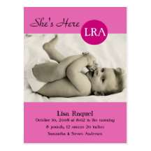 Retro Dot Photo Birth Announcement (Pink) Post Card