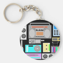 Retro electronics jumble on black keychains