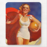 Retro ~ Mid-Century Beach Fashions Red Caped Gal mousepads