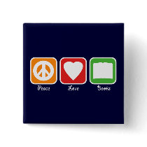 Retro Peace, Love, Books Button (Dark)
