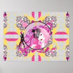 Retro Pink Haired Girl With Lollipop & Flowers Posters
