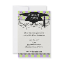 retro purple green chequered graduation grad personalised invitations